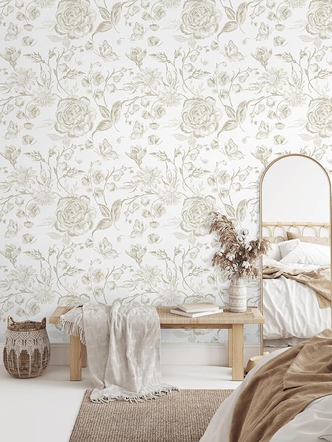 Floral Peel and Stick Wallpaper Boho Beige Contact Paper Neutral Farmhouse Vintage Wall Paper Removable Self Adhesive Wallpaper Bedroom Cabinet Bathroom Waterproof Vinyl Roll 17.3" x 78" - Image 3