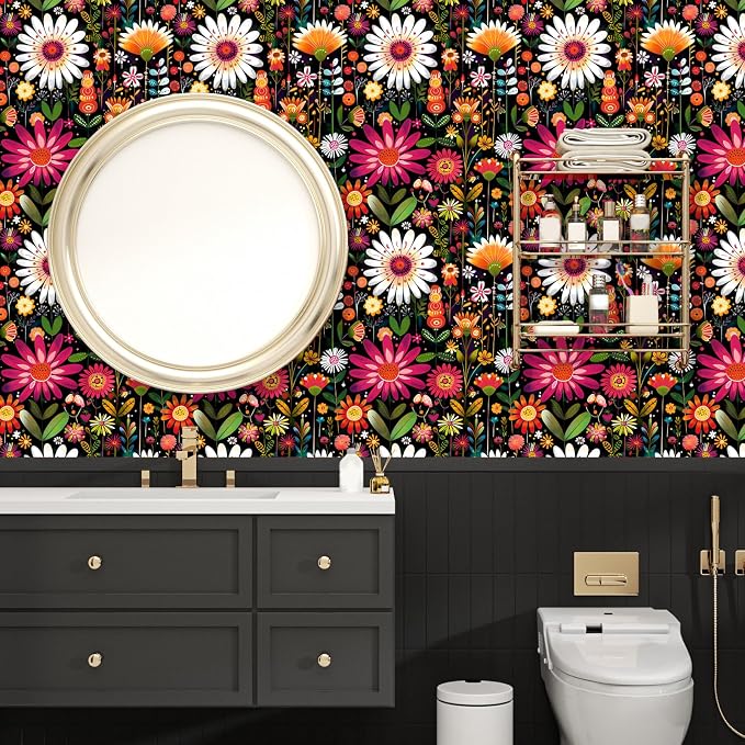 BOKEBEVE Floral Wallpaper Peel and Stick Boho Pink Colorful 17.5 x 393.5In | Extra Long Removable Renter Friendly Vintage Floral Wall Paper for Bedroom Bathroom Cabinet Drawer Feature Accent Wall - Image 4