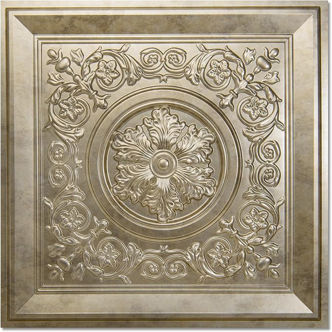 WOWSTAR 12-Pack 24"x24" Drop Ceiling Tiles, Vintage Style Waterproof Glue up Ceiling Panels Decor, Antique Gold | PVC ceiling panels, 24"x24", waterproof, glue-up install, basement kitchen bathroom, 12-pack, set B by WOWSTAR