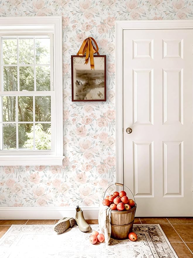 Ismoon Pink Floral Peel Stick Wallpaper Boho Watercolor Stick on Wall Paper | 17.3x196in Watercolor Contact Paper for Cabinet Removable Self Adhesive Vinyl Wallpaper for Girl Bedroom Accent Wall Decor - Image 6
