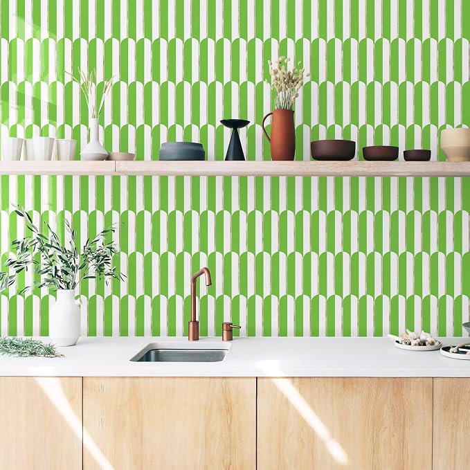 Vamos Tile Peel and Stick Backsplash Seamless Tile,Fish Scale,Matt,10-Sheet | 11.9''x10.8'',White & Grass Green PVC+Light Gold Stick on Backsplash Tile for Kitchen & Bathroom & Laundry & Camper - Image 2