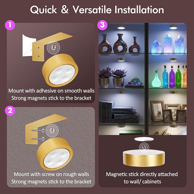 Picture Lights for Wall, Rechargeable Battery Wireless Poster Lights, Gold | LED Magnetic Painting Light with Remote Dimmable, Timer＆13 RGB Colors, Wall Decor Puck Light for Frame Art Display, 3 Pack - Image 8