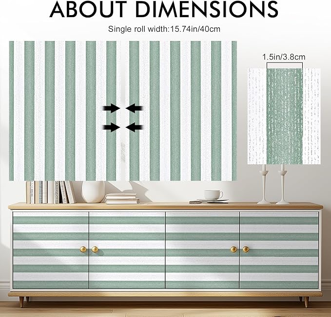 Green Stripe Peel and Stick Wallpaper A Set of 15.7" x 472" Green and White Self-Adhesive Wallpaper Removable Waterproof Contact Paper for Cabinets,Bedroom,Nursery,Accent Wall - Image 2