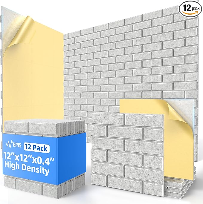 12 Pack Acoustic Panels with Self Adhesive Sound Proof Foam Panels for Wall | 12" X 12" X 0.4" High Density Soundproof Wall Panels, Brick Sound Absorbing Panels for Home Studio Office Decor - Gray by NEPIS