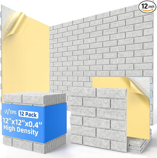 12 Pack Acoustic Panels with Self Adhesive Sound Proof Foam Panels for Wall | 12" X 12" X 0.4" High Density Soundproof Wall Panels, Brick Sound Absorbing Panels for Home Studio Office Decor - Gray by NEPIS