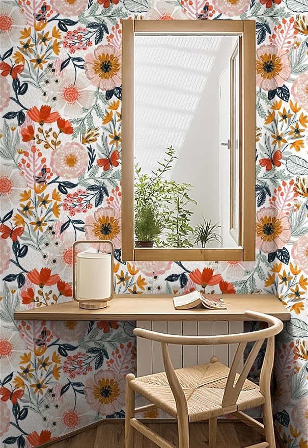 HAOKHOME Pink Floral Wallpaper Peel and Stick Botanical 17.3in x 32.8ft | Textured Boho Wall Paper Modern Renter Friendly Removable Flower White Orange Stick on Mural Bathroom Bedroom Accent Decor - Image 4