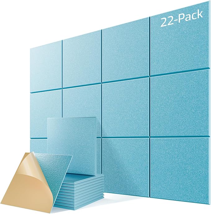 22 Pack Self-Adhesive Acoustic Panels, 12" X 12" X 0.4" High-Density Sound Proof Foam Panels for Walls, Soundproof Wall Panels for Home & Office (Aqua Blue) by Lebenforce