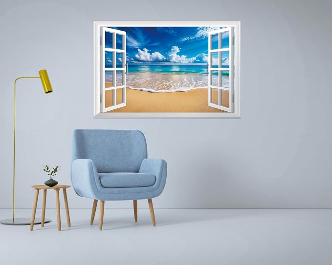 FLFK Fake Window Wall Mural - Ocean Beach Faux Window Wall Sticker for Wall Decor, Peel and Stick Wall Decals,48"x32",Set of 2 Sheets - Image 4