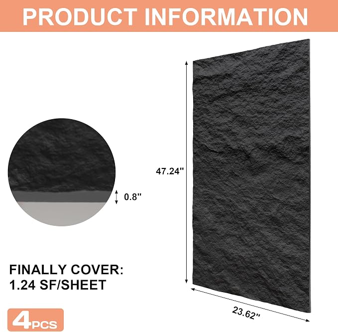 3D Faux Stone PU Wall Panels for Interior Decor, 4 Pieces, Dark Black | Cement Texture Accent Wainscoting Panel for Home, Office, 47.2" × 23.6" - Image 5