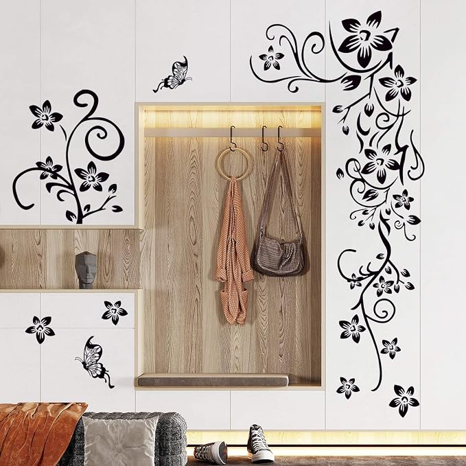 Removable Vinyl Black Flowers and Flower Vines Wall Decals DIY Home Art Decor Decorative Wall Sticker Murals for Kids Bedroom Living Room Tv Sofa Background Offices Wall Decorations - Image 6
