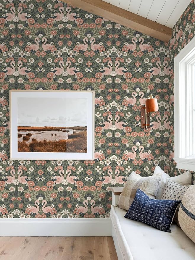 Heroad Green Peel and Stick Wallpaper Vintage Floral Flamingo Contact Paper William Morris Wall Paper Removable Renter Friendly Wallpaper for Bedroom Nursery Farmhouse Vinyl Rolls 17.3''X 78.7'' - Image 4