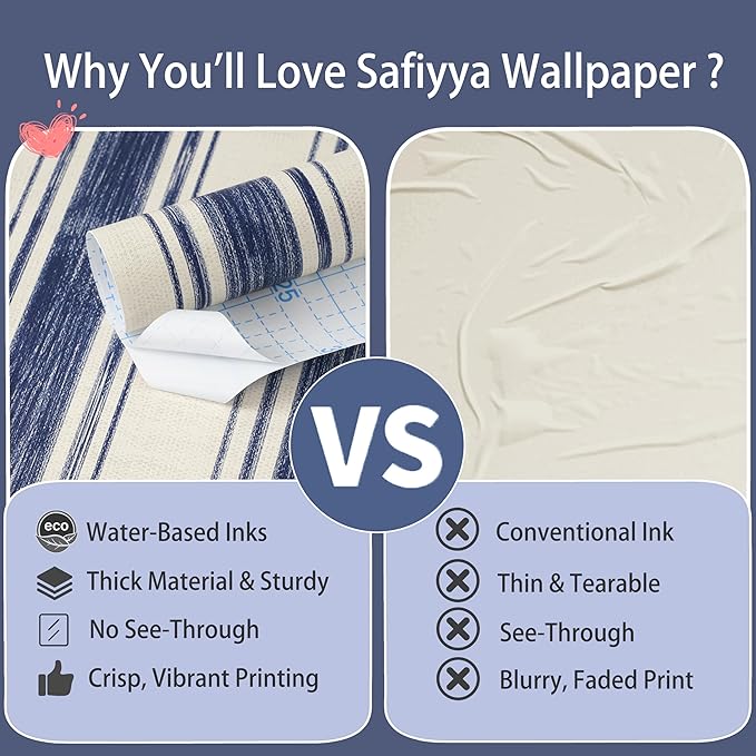 Safiyya Wallpaper Peel and Stick Blue and Cream White Striped 17.3"×197" Vintage Hand-Painted Contact Paper Stick on Wall Paper Vinyl Self Adhesive Removable Wallpaper for Bedroom Bathroom - Image 6