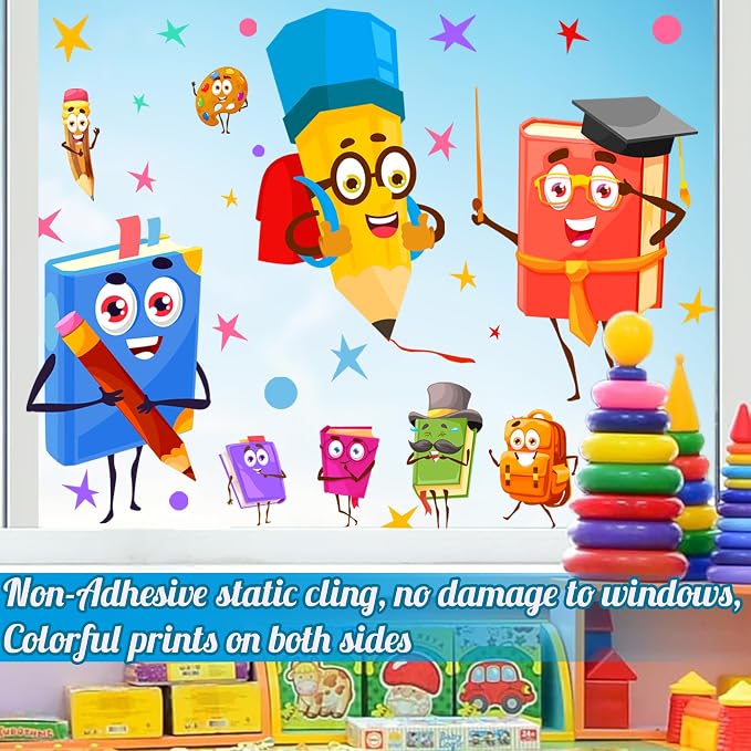 Cartoon Book Window Clings Colorful Double Side Kids Stickers for Classroom | Non-adhesive back to school stickers for glass funny static clings decoration pencil decals for nursery playroom door library - Image 3