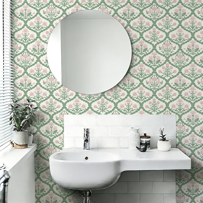 Pink Floral Peel and Stick Wallpaper Vintage Wall Paper Boho Pink Floral Damask Wallpaper for Bedroom Decorative Self Adhesive Shelf Drawer Liner 17.3" x 78.7" - Image 9