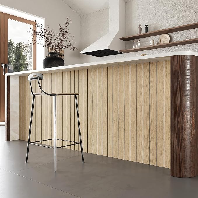 VEELIKE Light Oak Wood Wall Panels Peel and Stick Foam Slat Wallpaper for Bedroom Living Room 17''x118'' Self Adhesive Vinyl Wood Slat Wall Panel for Interior Accent Walls Decor TV Background Ceiling - Image 5