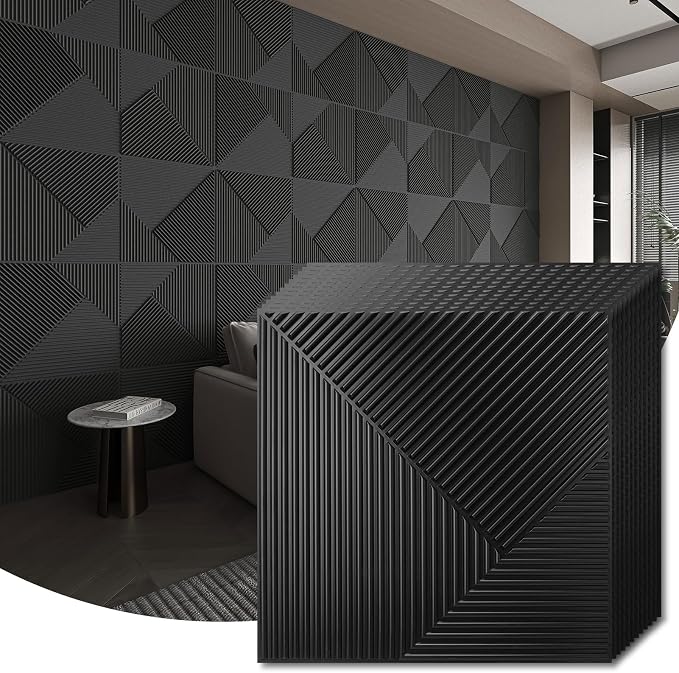 WOWSTAR 12-Pack 3D Wall Panels 19.7" x 19.7", Black Slat Wall Panels for Living Room Wall Decor, Modern Black Wall Covering for Home & Office | 12-pack, 19.7"x19.7", Textured wall panels, accent wall covering, living room bedroom office by WOWSTAR