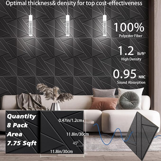 12in Acoustic Panels for Walls, High Density Soundproof Wall Panels | Thicker acoustic panels help reduce echo and enhance room acoustics for studios, gaming rooms, offices and home theaters - Image 6