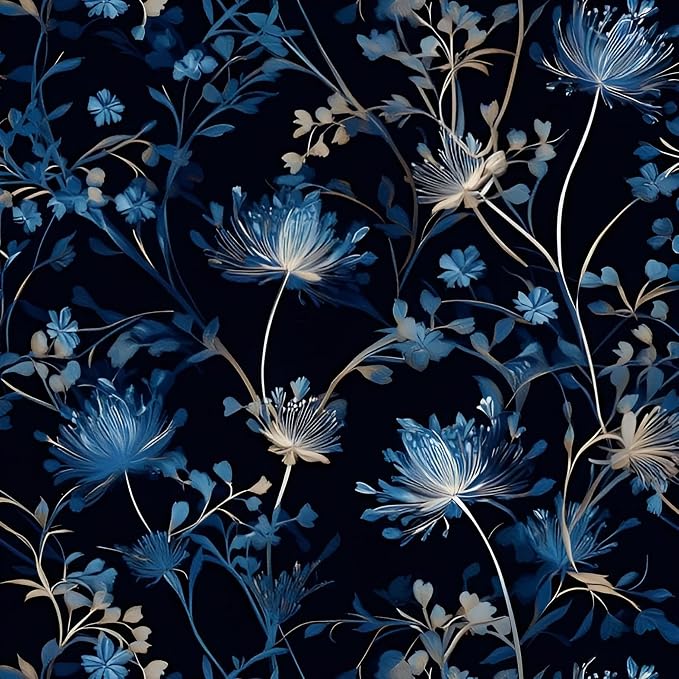 Navy Blue Floral Peel and Stick Wallpaper Dark Botanical Wallpaper | Removable Contact Paper Teal Blue Self-Adhesive Wall Paper for Bedroom Bathroom Kitchen Accent Wall Waterproof 17.7" x 118" by Yumeihoe
