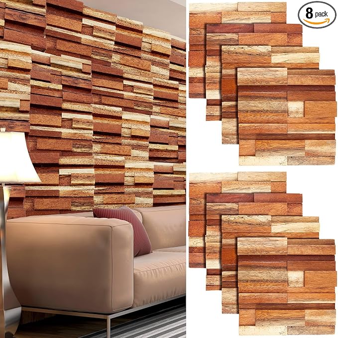 Kathfly 8 Pcs Wood Wall Panels, Reclaimed Real Teak Wood 3D Panels for Interior Accent Wall, Mosaic Paneling Tiles, Natural DIY Decor for Living Room, Bedroom, Office, Covers 7.68 Sq ft by Kathfly