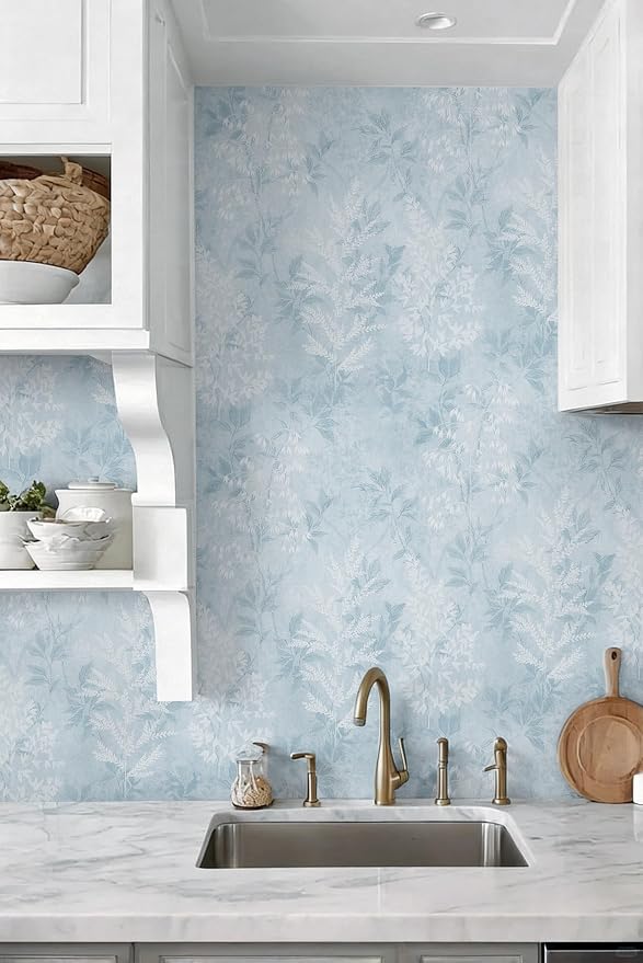 Safiyya Blue Peel and Stick Wallpaper Vintage Botanical Contact Paper Renter Friendly Floral Wallpaper 197''x17.3''Removable Wall Paper Self-Adhesive for Bathroom Waterproof Vinyl Rolls - Image 7