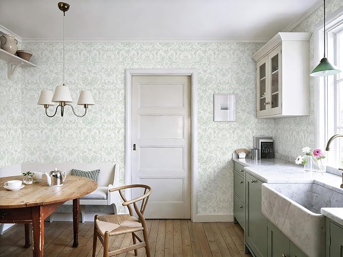 Peel and Stick Wallpaper for Bedroom Sage Green Damask Self-Adhesive | 78.7"×17.3" White & Sage Green Vintage Scroll Removable Waterproof Vinyl Wall Decor for Bathroom, Nursery - Image 8
