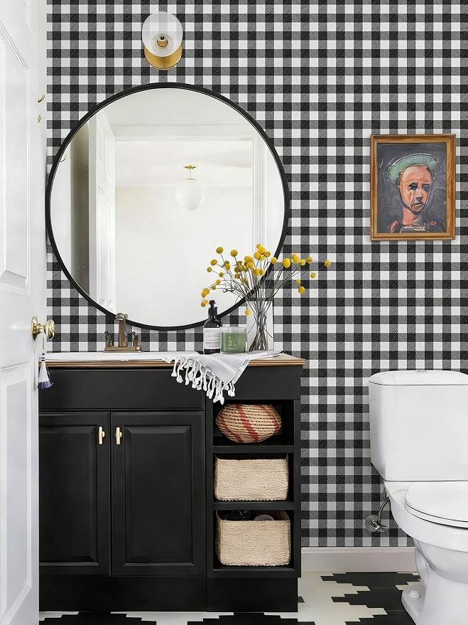 Heroad 17.3"x393" Plaid Peel and Stick Wallpaper Black and White Wall Paper Mosaic Checkered Contact Paper Self Adhesive Removable Wallpaper for Bathroom Laundry Room Waterproof Decor Vinyl Roll - Image 4