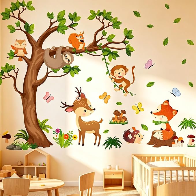 Arawat Tree Wall Decals Decor for Bedroom & Living Room - Monkey & Sloth Wall Stickers - Multicolor Cartoon Animal Wall Decor - Vinyl Sticker Decals - Image 3