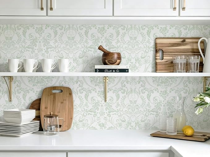 Peel and Stick Wallpaper for Bedroom Sage Green Damask Self-Adhesive | 393" × 17.3" White & Sage Green Vintage Scroll Removable Waterproof Vinyl Wall Decor for Bathroom, Nursery - Image 7