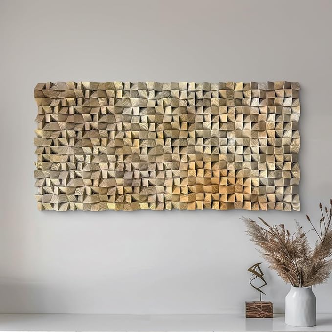 LIUZEYUE Large Textured Wood Wall Art with Layered Geometry, Faceted Depth | modern wood mosaic art; mushroom and cream, layered relief depth; hotel lobby large feature wall; 35.4 x 70.9 in - Image 9