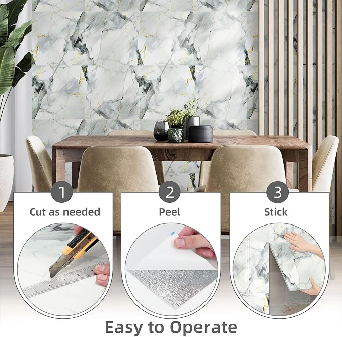 Vieshful 20pcs Peel and Stick Backsplash Tile，11.8"x11.8" Self Adhesive Marble Tile for Wall, PVC Waterproof Shower Wall Panels, Back Splash Stick on Tiles for Kitchen Bathroom, Blue Gold - Image 5