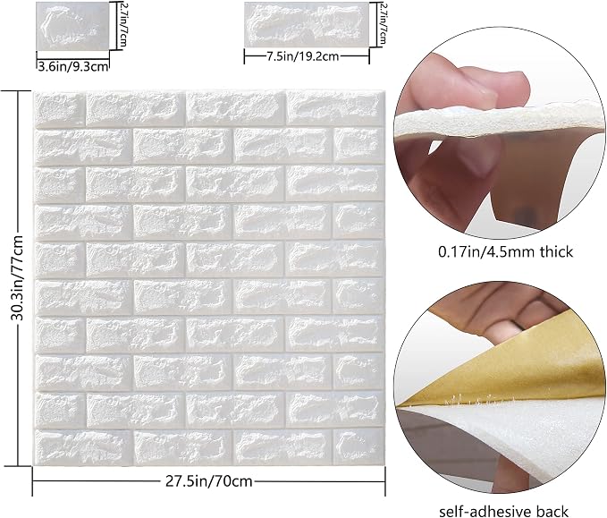 MYOYAY 10 Pcs 3D Wall Panels Peel and Stick 27.5 x 30.3 Inch (in Sum 57 sq.ft.) White Brick Wallpaper Self-Adhesive Foam Wall Panels for Living Room Bedroom Background Wall Decor - Image 2