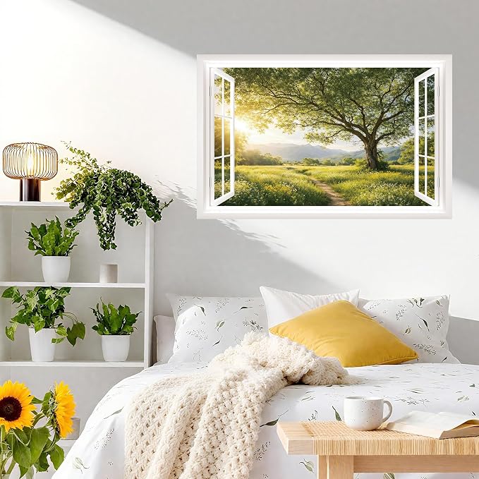 IARTTOP Fake Window Wall Mural Sticker 33"x20.4" Green Tree Sunrise Mountain Countryside Nature Scenery Wall Decal Window View Landscape Decals Decor for Bedroom Living Room Office - Image 2