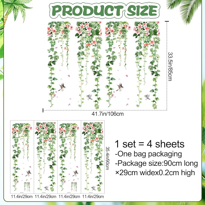 4 Sheets Green Plants Flower Wall Decals Hanging Vine Green Leaves Wall Stickers Watercolor Pink Flowers Wall Art Nature Removable Peel and Stick Wallpaper for Kids Bedroom Nursery Home Decoration 21 - Image 2