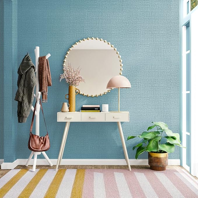 Teal Wallpaper Grasscloth Peel and Stick Wallpaper 17.7in x 118in | Faux Linen Vintage Wallpaper Textured Removable Wall Paper Grass Cloth Cabinets Bedroom for Cabinet Self Adhesive Vinyl - Image 2