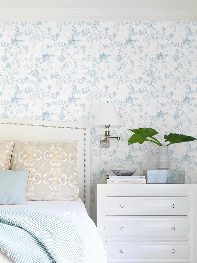 Dimoon 17.3''x385'' Blue Peel and Stick Wallpaper Floral Modern Light Blue Contact Paper White Bird Kitchen Wallpaper Removable Bathroom Renter Friendly Waterproof Embossed Bedroom Vinyl Roll - Image 2
