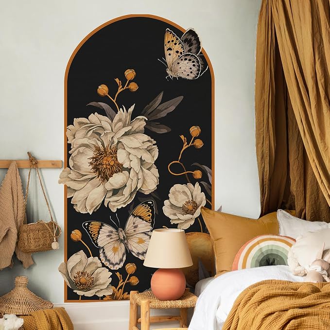 Boho Arch Wall Decals Vintage Floral Wall Sticker Peel and Stick 60"x 34.6" | Large Brown Flower Mural for Door Decor Removable Warm Peony Butterfly Wall Decal for Bedroom Living Room Office by HueBurst