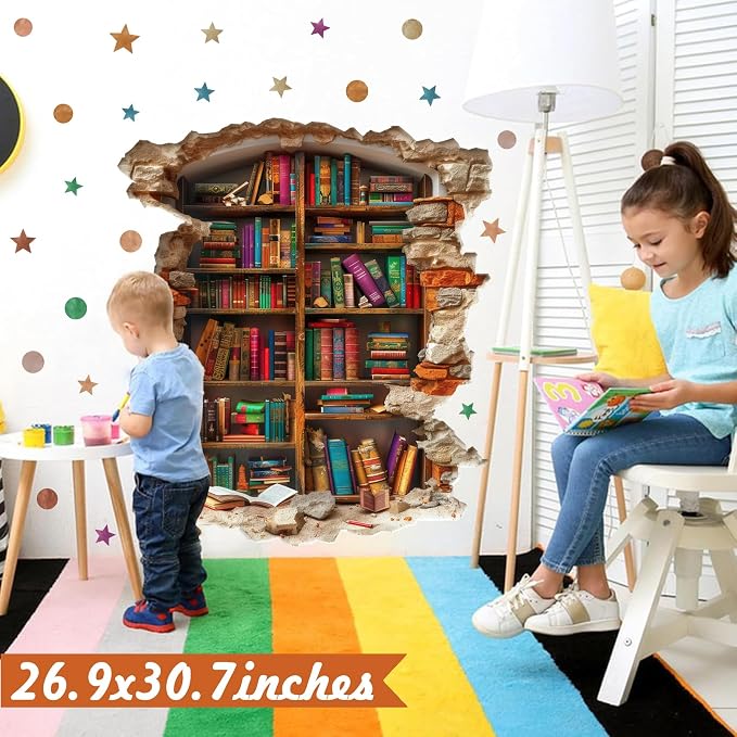 Vintage Read Book Wall Stickers 3D Broken Wall Library Decal Peel and Stick | Reading room art murals, read sign, removable vinyl wallpaper, bookshelf bookcase decoration, for school classroom home decor - Image 9