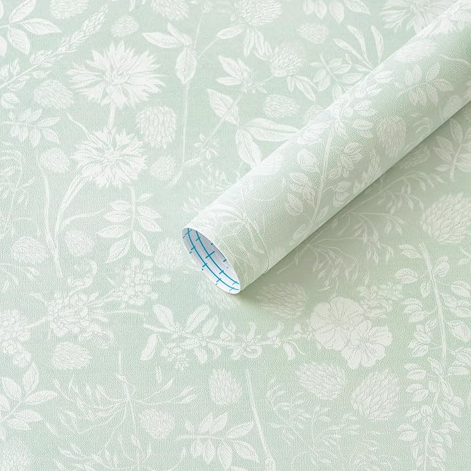 Guvana Sage Green and White Peel and Stick Wallpaper Floral Wallpaper Slef Adhesive Removable Waterproof Contact Paper Boho Wall Paper for Living Room Bathroom Bedroom Kitchen 17.3''x78.7'' by Guvana