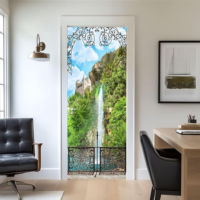 artfanke 3D Door Sticker Peel and Stick 30.3"x78.7" - Castle with Waterfall Self-Adhesive Door Murals Wallpaper Decal for Home Decor (2 Sheets/Set) - Image 8