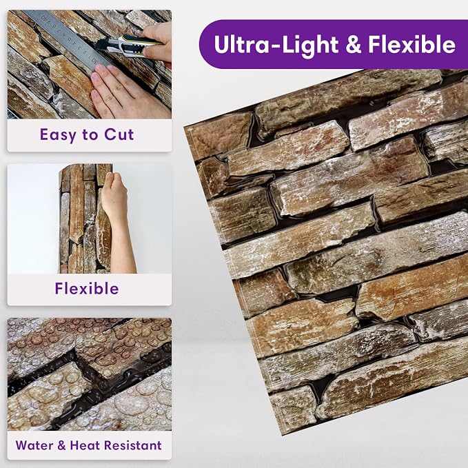 3D Peel and Stick Faux Stone Wall Panels 11.8" x 11.8" 10-Pack | Brown with Green, Stone-Look Textured Wall Sticker, Thin PVC Self Adhesive Wall Tiles for Interior Decor, Cover 9.7 sq ft - Image 5