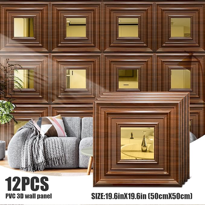 12 Pack PVC Ceiling Tiles 19.7"x19.7" – Gold Mirror & Wood Grain 3D Wall Panels for Wall and Ceiling Decoration,Cover 32.3 Sq.Ft – Waterproof,Lightweigh(Dark Brown, Gold) - Image 9