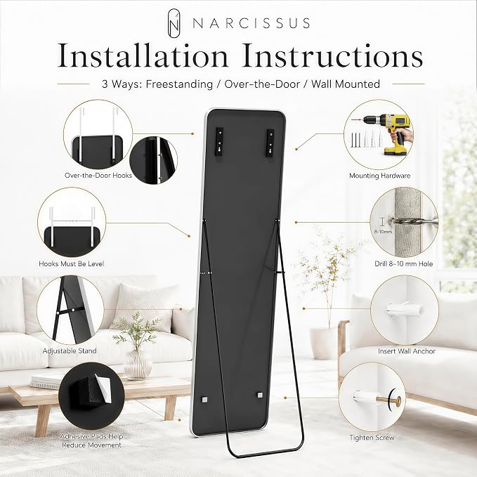 NARCISSUS Full Length Mirror 57x16 Inch, Over The Door Mirror with Stand, Wall Mounted or Freestanding/Door Hanging Full Body, Aluminum Alloy Frame, Silver - Image 7