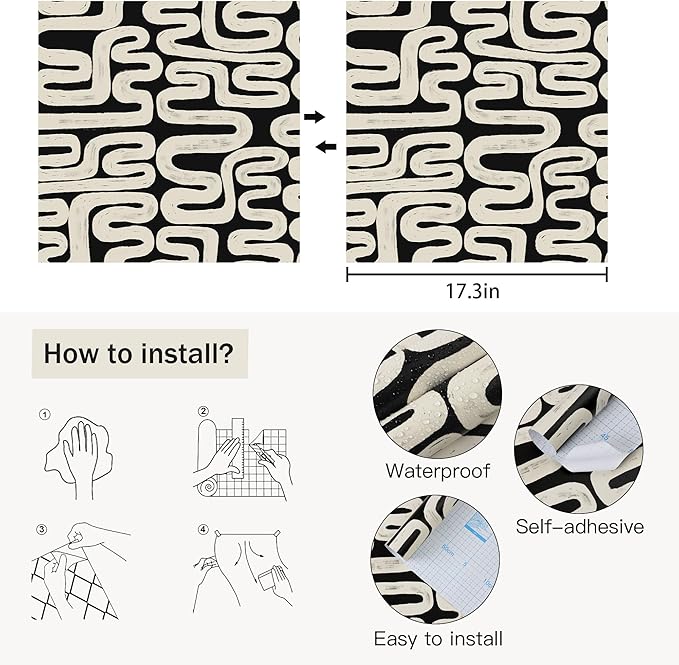 Black and Cream White Peel and Stick Wallpaper Modern Geometric Self-Adhesive Removable Contact Paper Thicken Waterproof Easy to Clean Decorative Wall Paper for Bedroom Bathroom 17.3in x 78.7in - Image 3