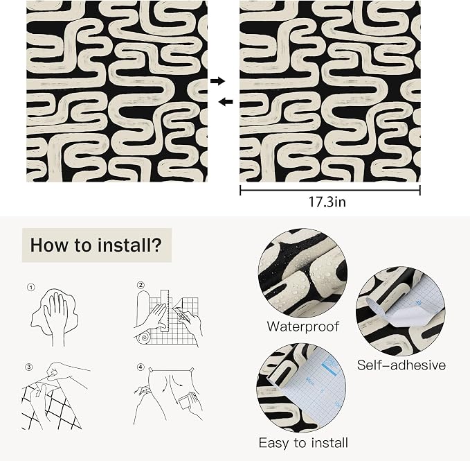 Black and Cream White Peel and Stick Wallpaper Modern Geometric Self-Adhesive Removable Contact Paper Thicken Waterproof Easy to Clean Decorative Wall Paper for Bedroom Bathroom 17.3in x 394in - Image 3