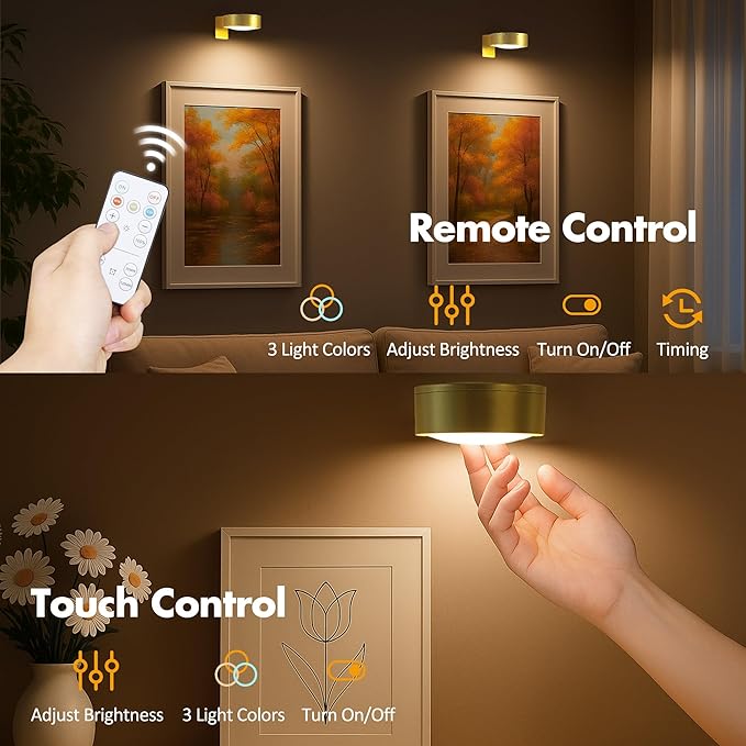 Picture Lights for Wall, Wireless Poster Lights Battery Operated, Gold | LED Magnetic Painting Light with Remote Dimmable, Timer＆3 Lighting Modes, Wall Decor Puck Light for Frame Art Display, 6 Pack - Image 5
