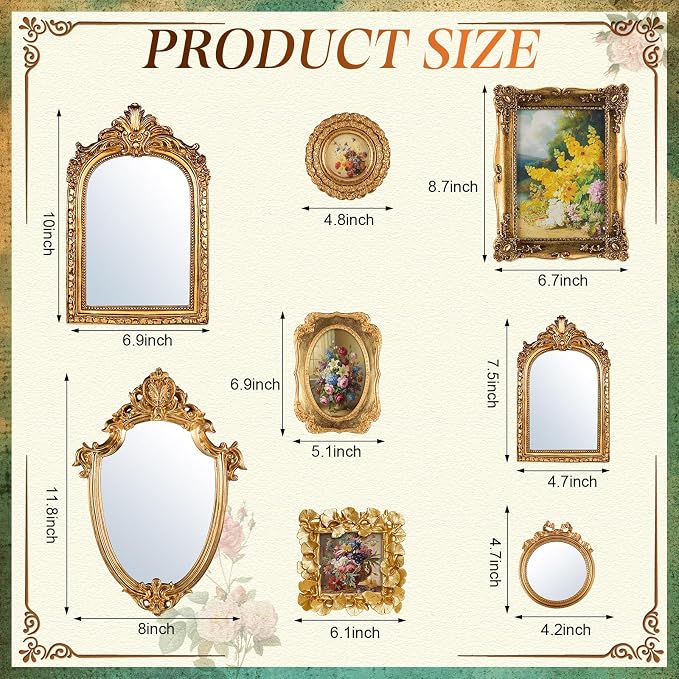 Novabright 8 Pcs Vintage Gold Picture Frame Wall Mirror Decor Set for Gallery, Small Antique Gold Mirror Luxury Ornate Pohot Frames for Wall Table Display(Elegant) - Image 3