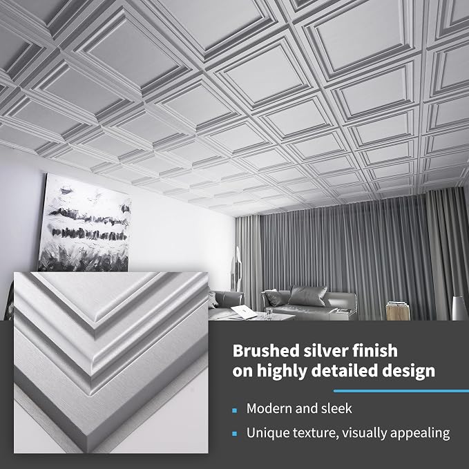 Art3d Paintable 3D Ceiling Tiles, 2 x 2 ft, 13-Pack, Argent Silver | Lightweight, Waterproof, No Sag and Breakage, Compatible with Grid System, Perfect for Basement, Kitchen - Image 3