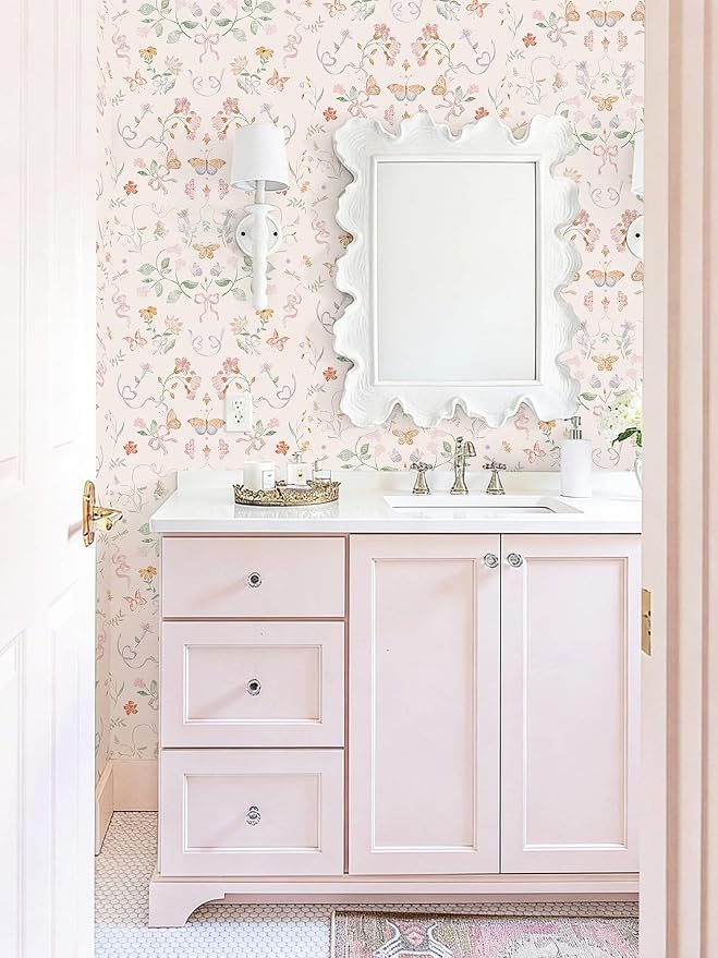 Peel and Stick Wallpaper for Nursery Pink Cute Bow Leaf Waterproof | 196"×17.3" Colorful Butterfly Wallpaper Pink Cute Accent Wall Decor with Grid Lines for Bedroom Vinyl Self-adhesive - Image 4