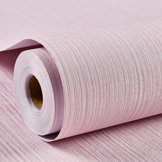 Haimin Grasscloth Wallpaper Textured 24in X 393in Fabric Contact Paper Pink Wall Paper Textured Linen Peel and Stick Self-Adhesive Thick Vinyl Embossed Film Wallpaper (Pink) by HaiminHomeDecorWallpaper