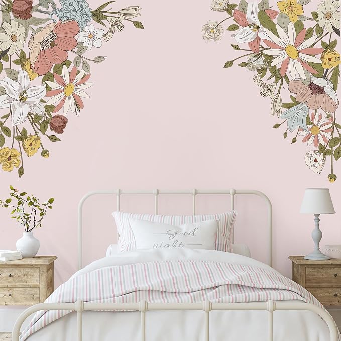 Large Pink Flowers Wall Decals, Colorful Floral Botanic Wall Stickers, Spring Peel and Stick Wallpaper for Girls Bedroom Nursery Classroom Living Room Wall Decor - Image 5